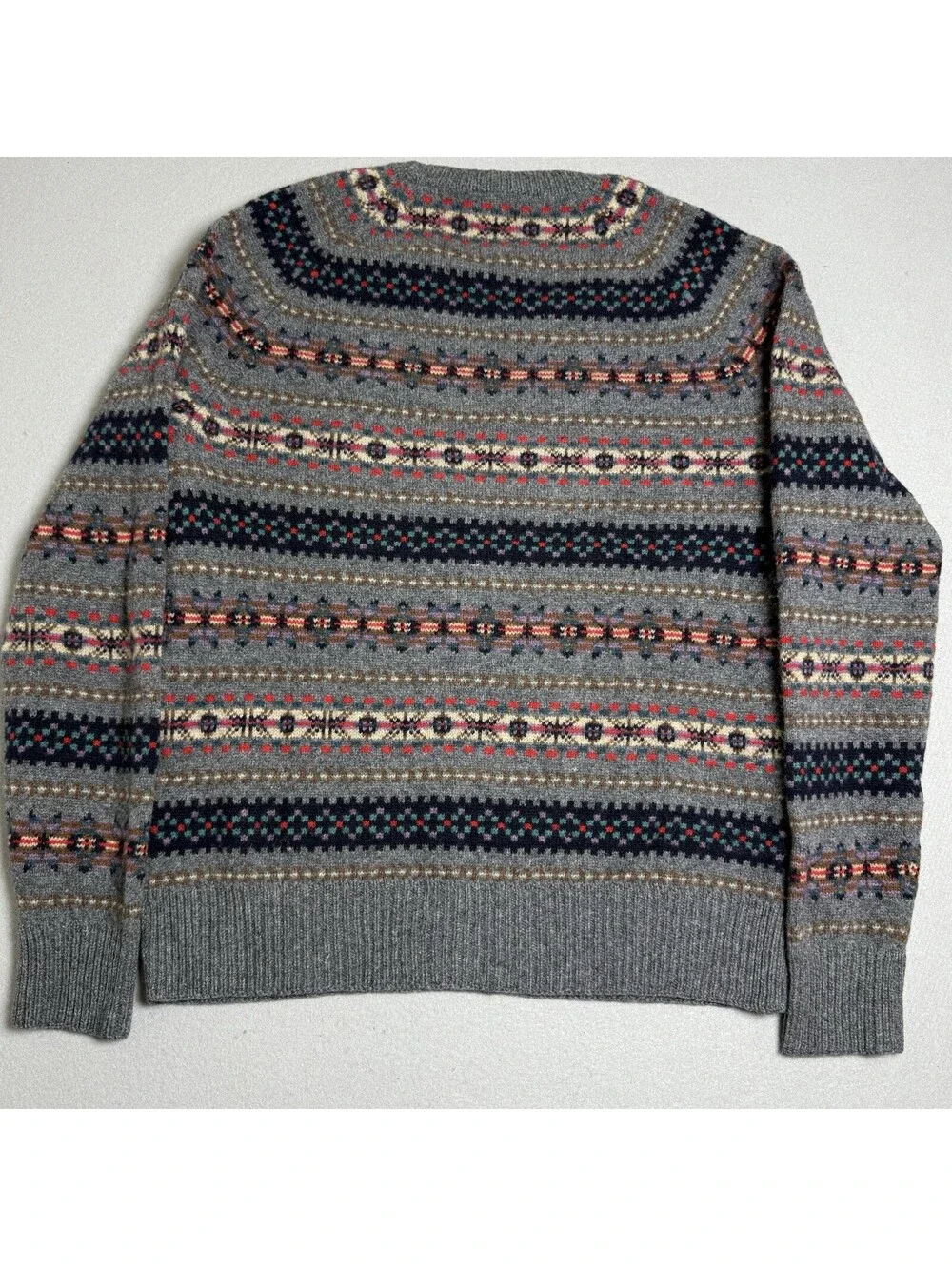 J.CREW 100% Lambswool Sweater Sz M Men's Grey Crewneck Pullover Nordic Fair Isle